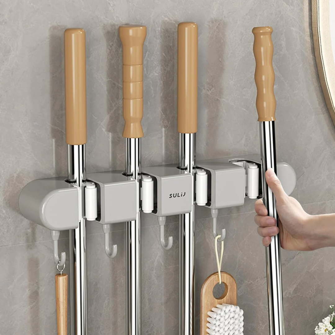HoldSafeBar™ – Wall-Mounted Mop and Broom Holder with Hooks