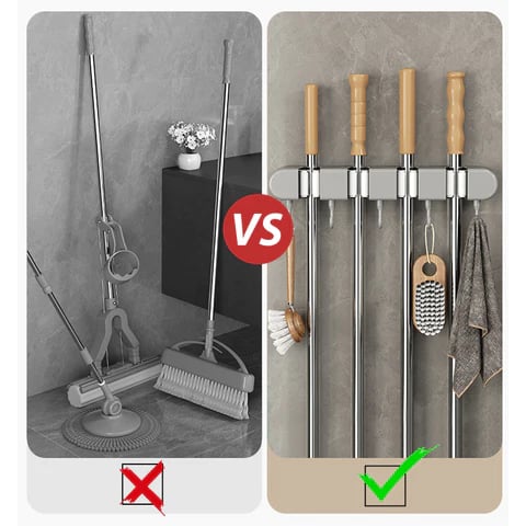 HoldSafeBar™ – Wall-Mounted Mop and Broom Holder with Hooks