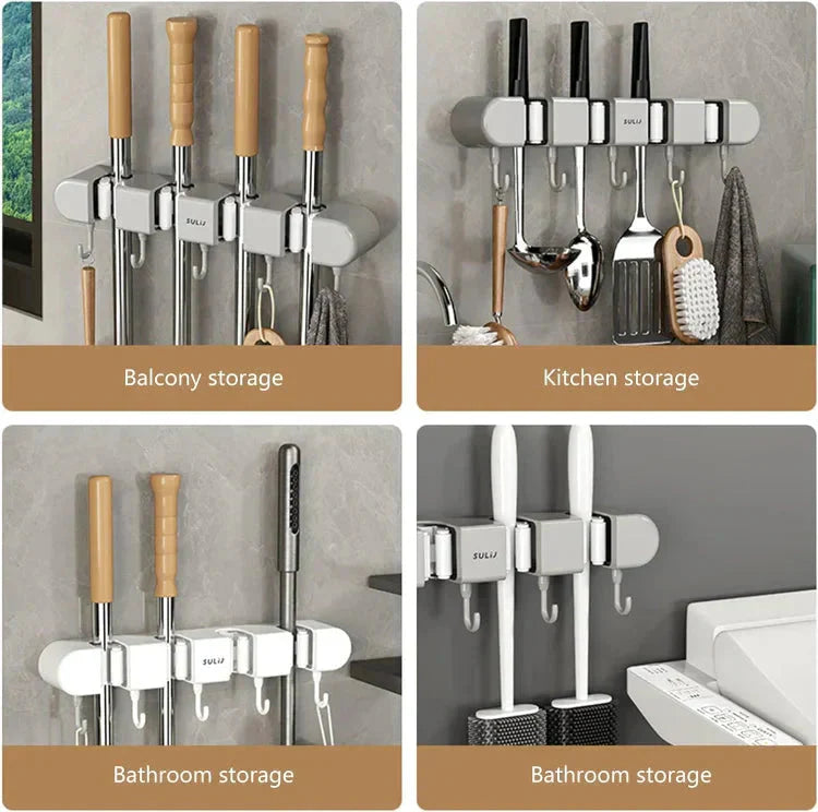 HoldSafeBar™ – Wall-Mounted Mop and Broom Holder with Hooks