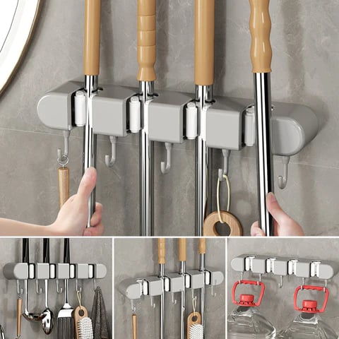 HoldSafeBar™ – Wall-Mounted Mop and Broom Holder with Hooks