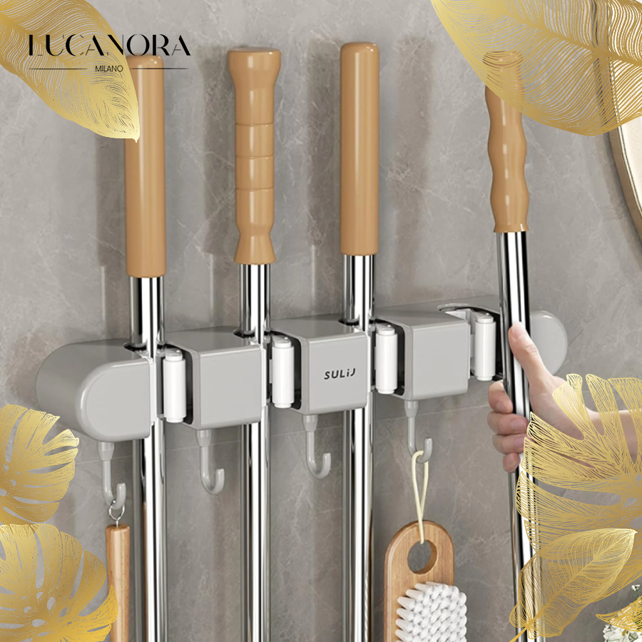 HoldSafeBar™ – Wall-Mounted Mop and Broom Holder with Hooks